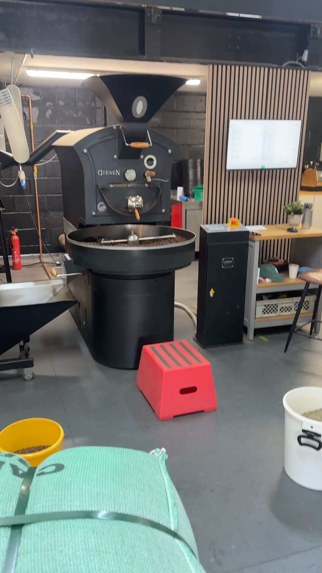 Giesen coffee roaster with freshly roasted beans in the cooling tray during a specialty roasting visit